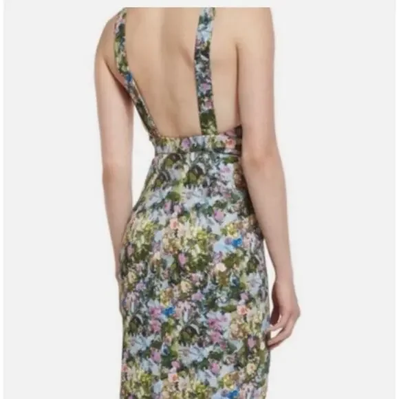 Cushnie Et Ochs Floral Print Midi Length Open Back Wiggle Green Dress Size 0 - Picture 2 of 13